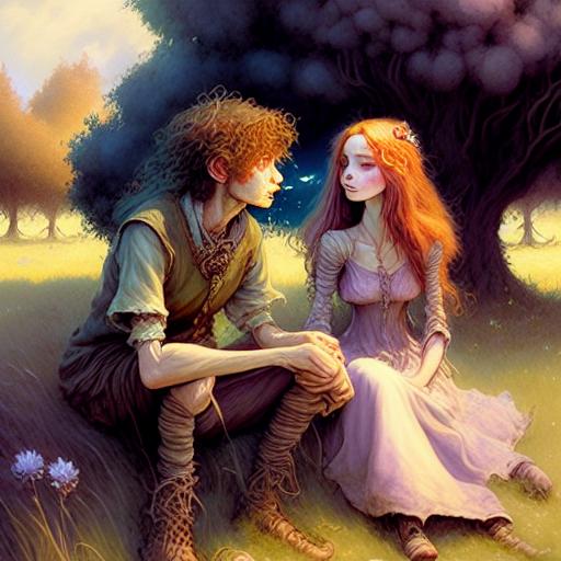 01102-3385414614-painting of two young wild people sitting next to each other smoking in a field  trees  the background, epic fantasy, fantasy ar.png